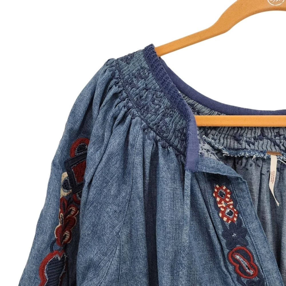 Free People Women's 100% Cotton Sun Valley Embroidered Denim Top - SP